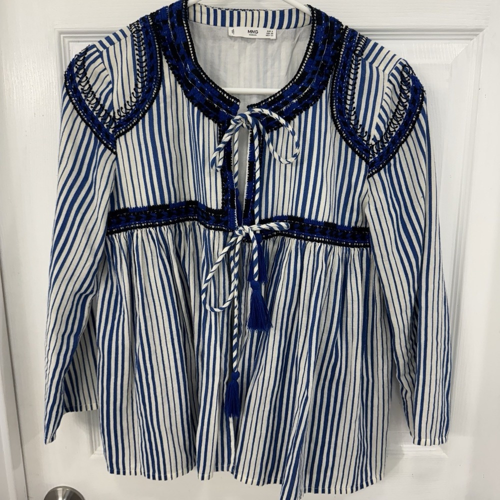 MNG Casual Blue Striped Embroidered Boho Top With Tassels Front Tie Womens XS